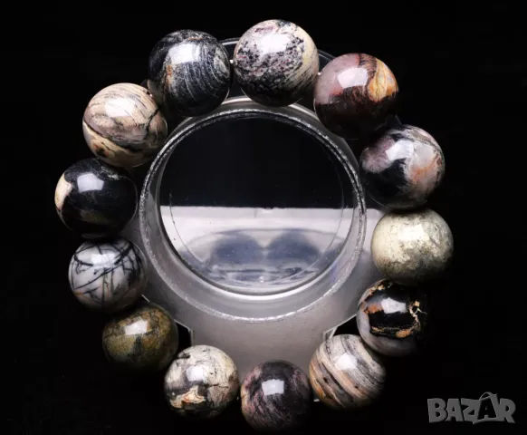 Гривна 18мм, черен цъвтящ жадеит 111гр. подходяща за подарък, снимка 2 - Гривни - 49589158