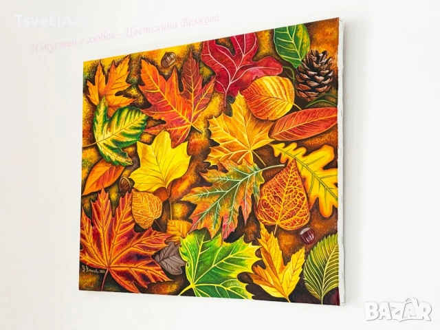 Оригинална картина – есенни листа – акрил – идея за подарък, снимка 4 - Картини - 53937632