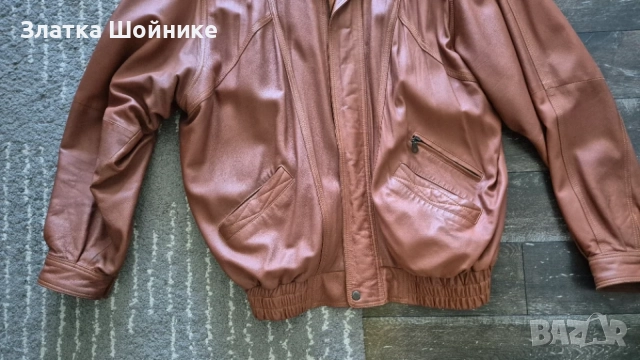 Винтидж кожено яке в стил бомбър / блузон – Естествена кожа – Цвят коняк / Кафяво – Размер XXXL, снимка 3 - Якета - 56136148