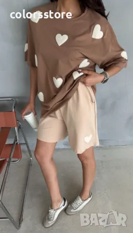 Дамски къс комплект Beige Hearts, снимка 2 - Комплекти - 49173999