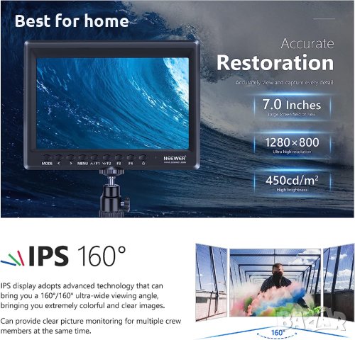 Професионален монитор Neewer F100 7-инчов 4K, снимка 3 - Светкавици, студийно осветление - 42072528