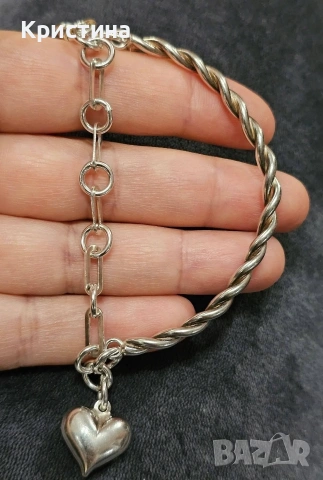 Сребърна гривна със сърце, снимка 4 - Гривни - 53905499