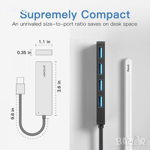 Висококачествен 4-портов USB 3.0 хъб BYEASY, ултра тънък преносим хъб за данни, снимка 5 - Други - 37873096