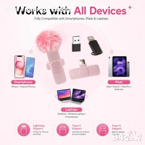 Нов Безжичен микрофон за iPhone Android iPad USB-C Lightning AI шумопотискане за влог TikTok, снимка 6 - Микрофони - 55959065