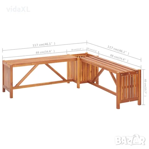 vidaXL Градинска ъглова пейка с плантер, 117x117x40 cм, акация масив, снимка 9 - Градински мебели, декорация  - 56147639
