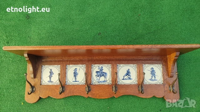 Уникална масивна дъбова закачалка с рафт отгоре и порцеланови плочки , снимка 7 - Закачалки - 52805904