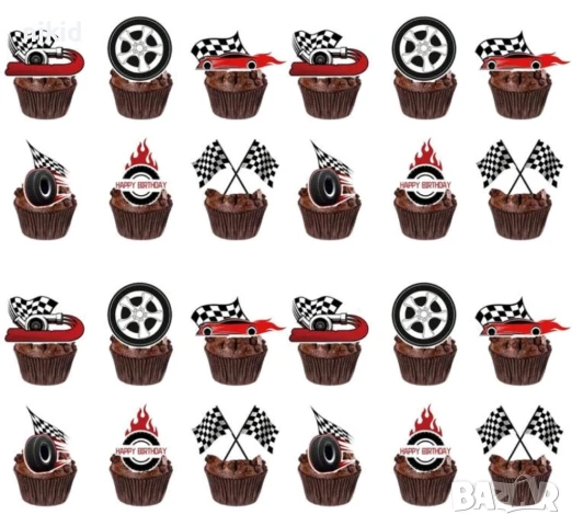 24 бр Рали Формула къси остри картонени топери за торта мъфини кексчета парти рожден, снимка 3 - Други - 50482972