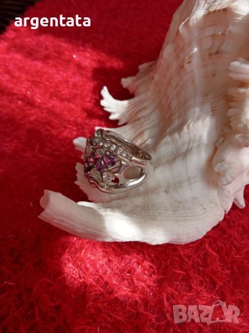 Масивен, маркиран сребърен пръстен с аметисти и циркони, снимка 5 - Пръстени - 36690286