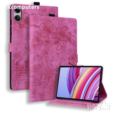 Кожен калъф за Xiaomi Redmi Pad 2 Pro - Дизайн Цвете & Коте, Стойка, Кардхолдер, Джоб за писалка, Пр, снимка 2 - Калъфи, кейсове - 52420051