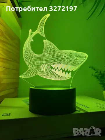 Холограмна 3D LED лампа Акула,RGB Седемцветен Интелигентен Контрол,USB/батерия, снимка 2 - Настолни лампи - 49485562