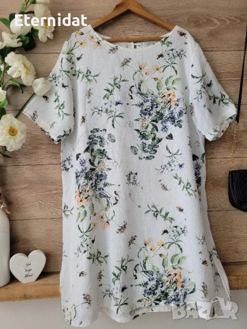 Бяла рокля или туника лен на цветя 