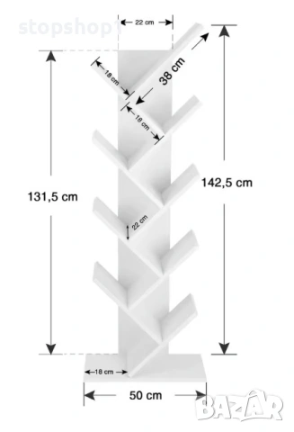   Vasagle 8-етажен дървен рафт за Книги, CD-та във формата на дърво за хол, офис, бял, снимка 3 - Етажерки - 53963472