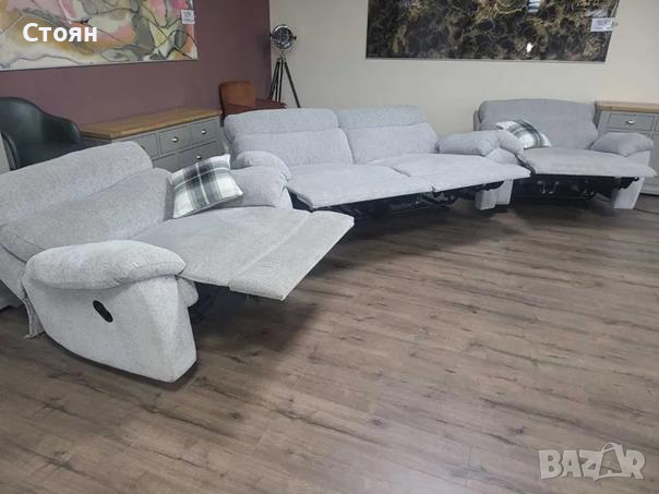 Сив комплект от плат диван тройка с два фотьойла с релакс механизъм, снимка 9 - Дивани и мека мебел - 44701681