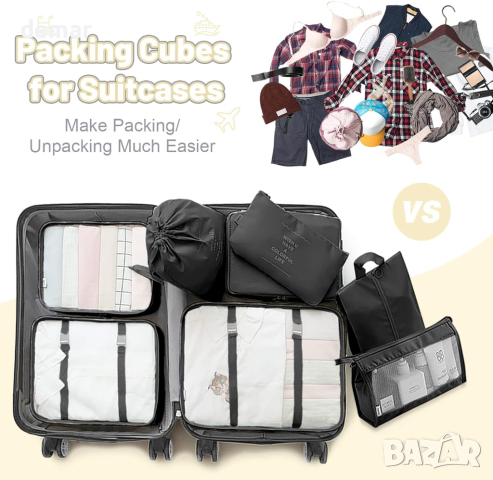 Maomaoyu 8 броя органайзери за опаковане на куфар, водоустойчиви, компресиращи, черни, снимка 4 - Други - 44735591