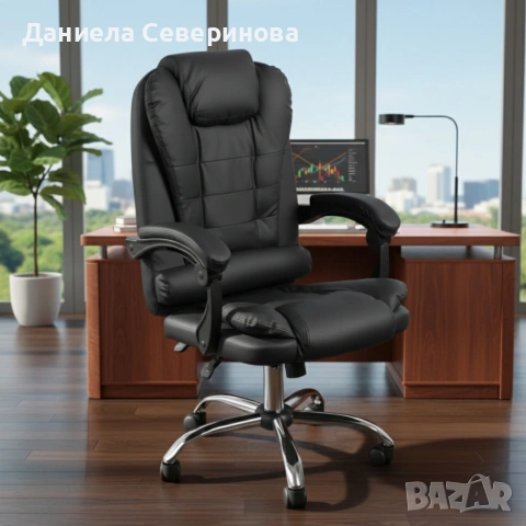 Ергономичен офис стол с лумбална опора от еко кожа в черен цвят, снимка 2 - Столове - 53975657