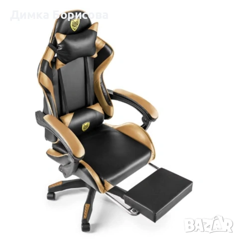 Черен геймърски стол с златисти акценти и разтегляема поставка за крака , снимка 7 - Столове - 53244553