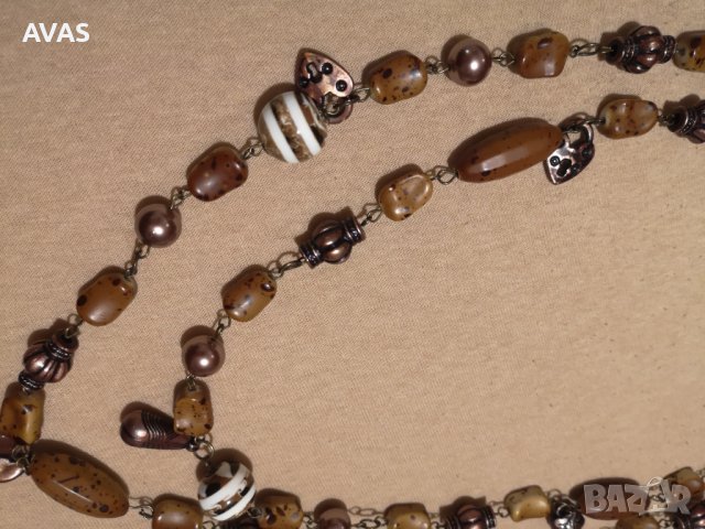 Нов кафяв двуредов гердан с камъчета, снимка 2 - Колиета, медальони, синджири - 36694565