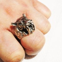 мъжки стар сребърен пръстен  с разярен съблезъб тигър моторджийски, мото аксесоари, мото екипировка, снимка 3 - Пръстени - 30913600