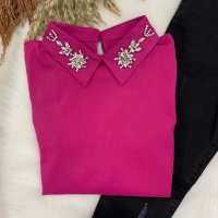 Нов модел ! Блузка трико с яка ,декорирана с нежни камъчета , снимка 8 - Блузи с дълъг ръкав и пуловери - 42326455