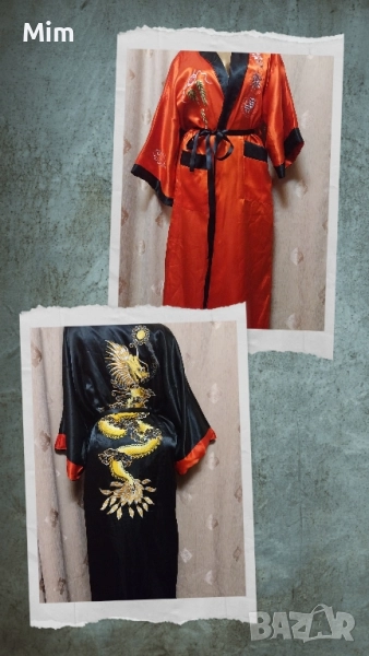 Сатенен халат с две лица черно и червено бродерия дракон , снимка 1
