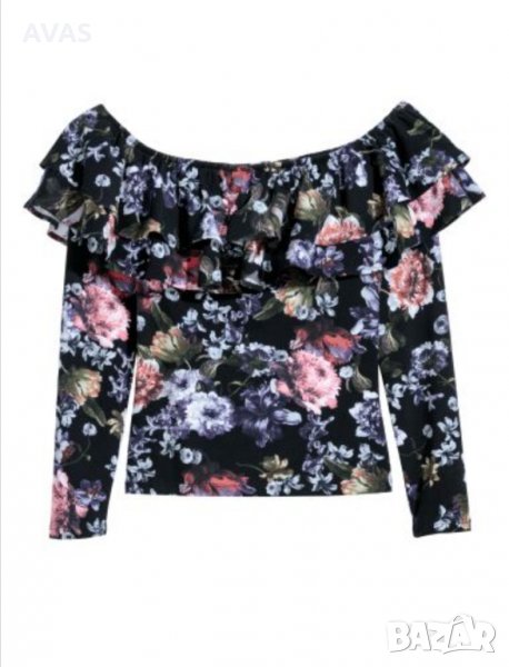 Нова H&M есенна блуза с дълъг ръкав волани и деколте лодка L размер тъмно синя на цветя, снимка 1