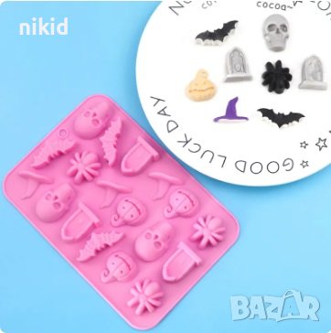 18 Хелоуин Череп прилеп тиква гроб паяк шапка Halloween силиконов молд форма фондан гипс шоколад, снимка 1