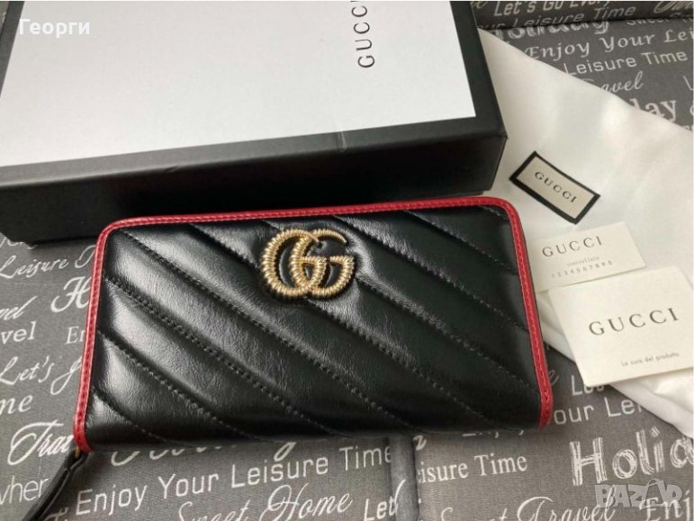 Gucci оригинално дамско кожено портмоне Гучи Черно Златна GG Емблема, снимка 1