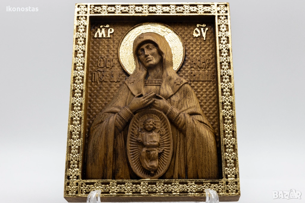 Релефна икона на Св. Богородица Знамение от масивен дъб, снимка 1