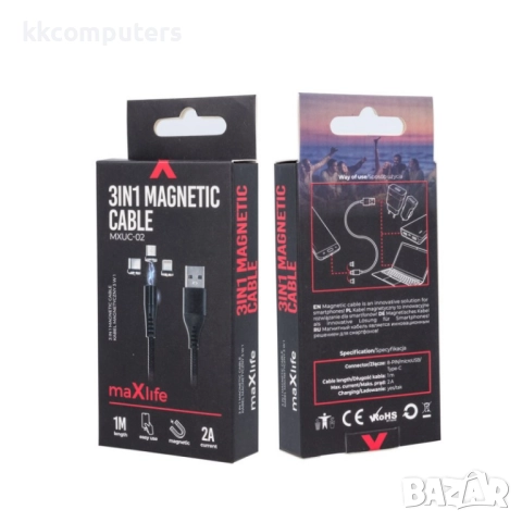Кабел USB - Lightning + USB-C + Micro USB, Maxlife MXUC-02 1м магнитен, 2A, Черен, снимка 4 - USB кабели - 52053088