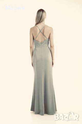Сатенена дълга светлозелена рокля с цепка Laona, снимка 2 - Рокли - 42657108
