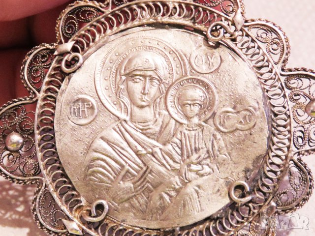 Възрожденска Сребърна икона, амулет, накит, медальон с Богородица, Дева Мария - Панагия 70 мм - Бого, снимка 14 - Антикварни и старинни предмети - 30339453