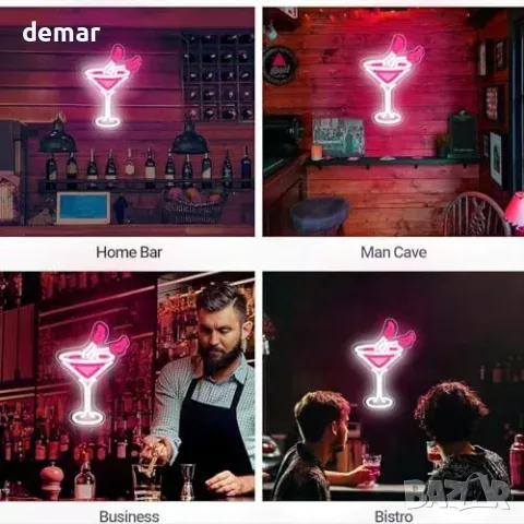 LED неонов надпис за стена/бар „Коктейл“ с димиране (USB захранване), снимка 3 - Други - 55829666