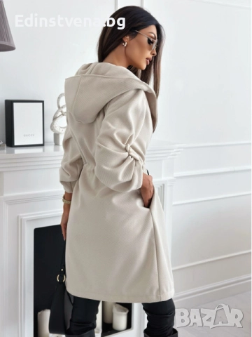Дамско светлобежово палто с връзки на талията и качулка, снимка 4 - Якета - 51456600