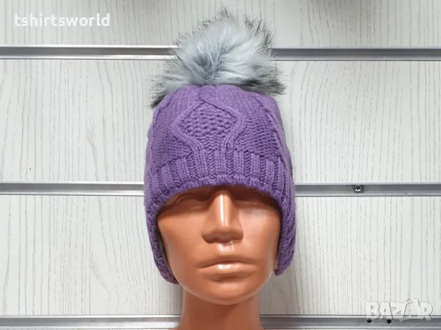 Нова детска зимна шапка тип ушанка с помпон в светлолилав цвят, снимка 6 - Шапки, шалове и ръкавици - 47894032