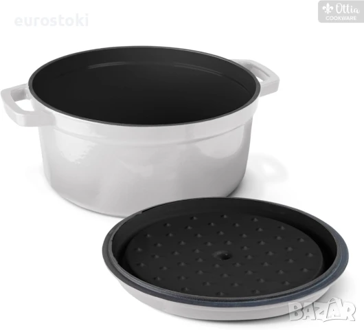 Ottia Чугунена емайлирана тенджера 26 см за готвене с капак и ароматни копчета - Тенджера за задуша, снимка 5 - Съдове за готвене - 51110096