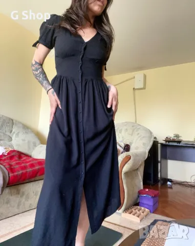 Дълга лятна рокля черна с къс ръкав с презрамки по тялото