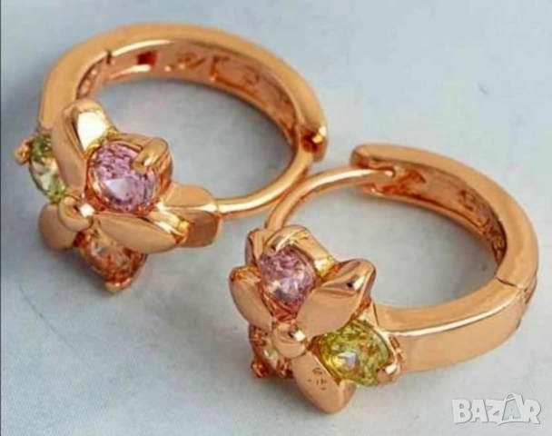 Прекрасни обеци цвете 9к розово попълнено злато с разноцветни цирконии 15 лв., снимка 5 - Обеци - 51766688
