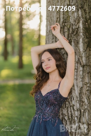 Тъмносиня бална рокля с лилави детайли и гол гръб XS/S размер , снимка 4 - Рокли - 53922965