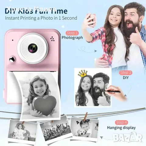 Фотоапарат Моментална детска камера 1080P, Фотопринтер с много функции Син Розов Бял, снимка 5 - Друга електроника - 49805664