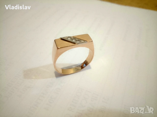 Руско злато Елегантен мъжки пръстен с естествени диаманти, снимка 4 - Пръстени - 54146762