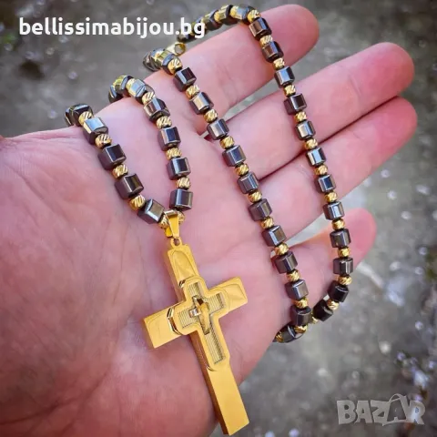 Мъжко Колие от Хематит и Стомана, снимка 2 - Колиета, медальони, синджири - 48209186