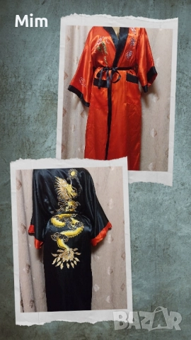 Сатенен халат с две лица черно и червено бродерия дракон 