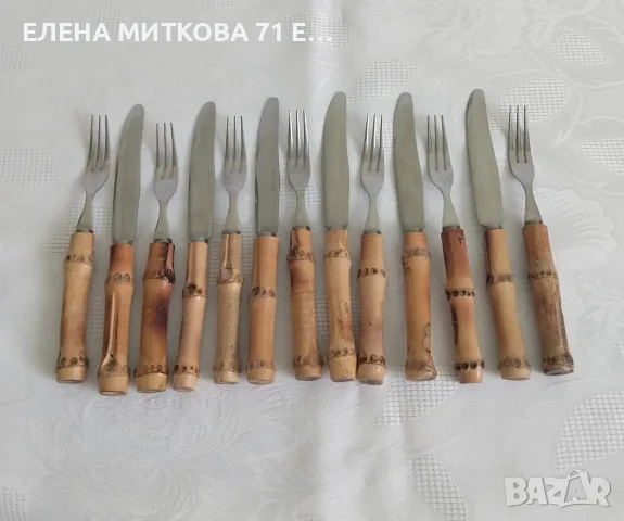 Винтидж комплект десертни прибори от неръждаема стомана с дръжки от естествен бамбук