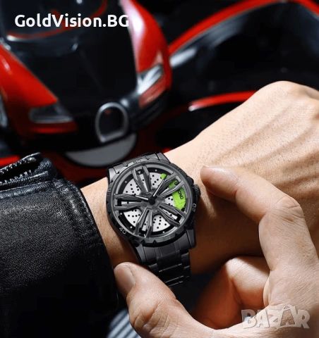 BINBOND Wheel Black Green – мъжки спортен часовник с въртяща джанта, снимка 3 - Мъжки - 54247488