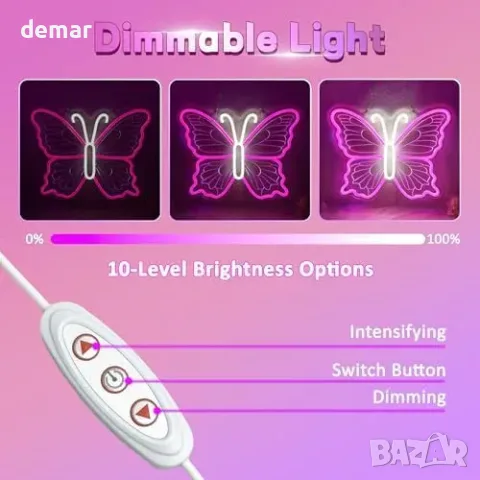 LED неонова пеперуда с USB захранване и регулируема яркост, снимка 2 - Други стоки за дома - 56228534