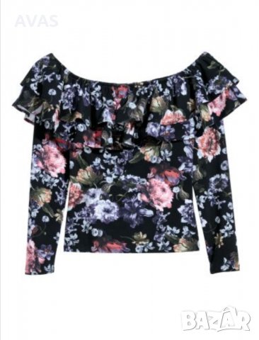 Нова H&M есенна блуза с дълъг ръкав волани и деколте лодка L размер тъмно синя на цветя