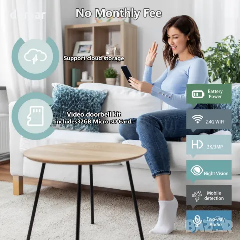 2K безжична камера със звънец, 2.4G WIFI, 32GB SD карта, 2-посочно аудио, снимка 2 - Друга електроника - 48418753