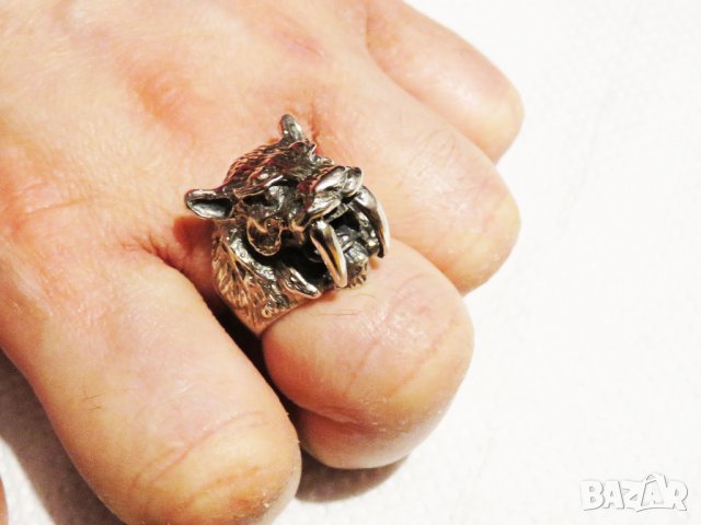мъжки стар сребърен пръстен  с разярен съблезъб тигър моторджийски, мото аксесоари, мото екипировка, снимка 3 - Пръстени - 30913600