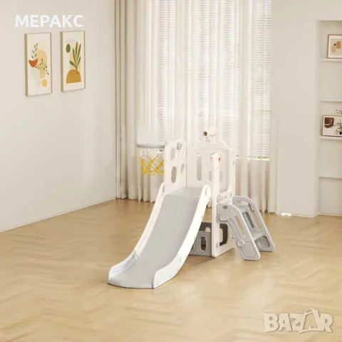 Детска пързалка с телескоп и баскетболен кош - сива