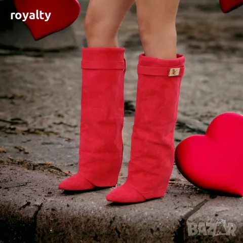 Ботуши на платформа - червен велур